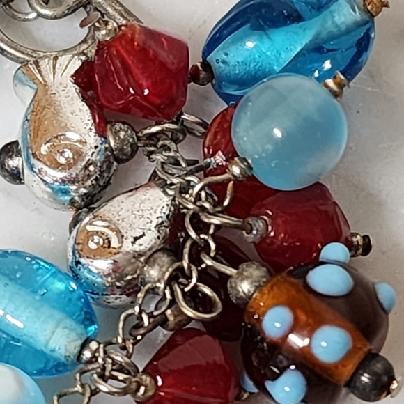 Art Glass Charm Bracelet Blue Red Silver Tone Toggle Beachy Fish Mixed Media - Picture 6 of 11